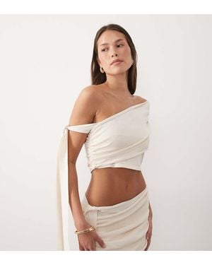 Wanderdoll Lois Fine Knit Off Shoulder Tie Detail Top Co-Ord - White