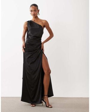 TFNC London Satin One Shoulder Drape Back Split Detail Maxi Dress - White