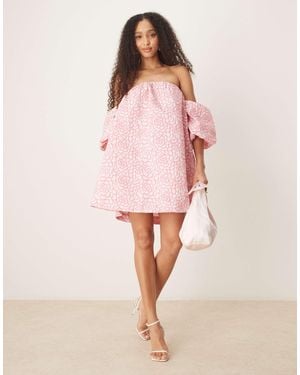 Y.A.S Textured Rose Jaquard Off Shoulder Mini Dress - Pink