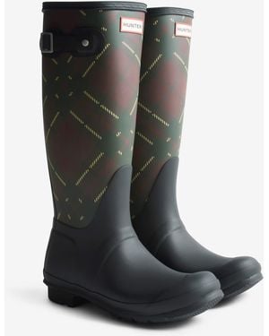 HUNTER Original Tall Tartan Print Wellington Boots - Black