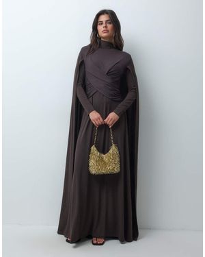 Iyal Mesh Cross Front Cape Detail Maxi Dress - Black