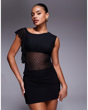 Princess Polly Cicero Asymmetric Ruffle Shoulder Polka Dot Mesh Top - Black