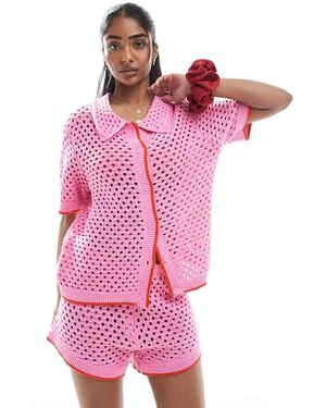 Pieces Open Knit Boxy Polo Top Co-ord - Pink