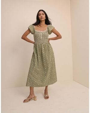 Nobody's Child Gingham Embroidered Shirred Mindy Midi Dress - Natural