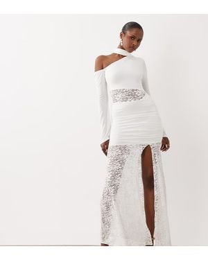 Kaiia Exclusive Slinky Lace Detailed Asymmetrical Maxi Dress - White