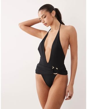 Oh Polly Snake Trim Plunge Halter Neck Swimsuit - Black