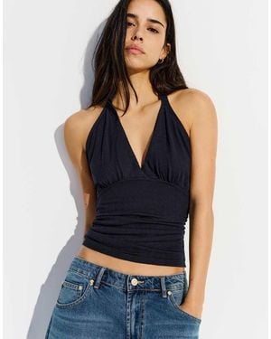 Bershka Ruched Halter Top - Blue