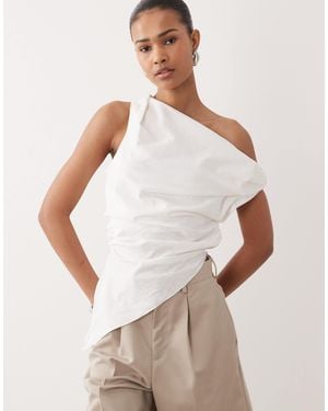 SNDY'S Linen Blend Asymmetric Ruched Detail Top - White