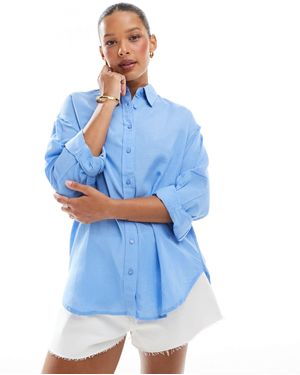 Stradivarius Linen Look Long Sleeve Shirt - Blue