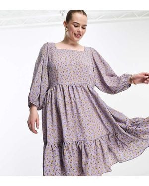 Glamorise Square Neck Tiered Smock Mini Dress - Purple