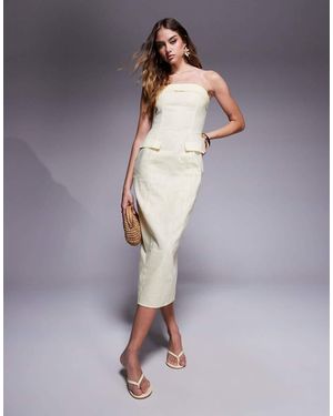 Kaiia Exclusive Linen Look Tailored Fold Over Bandeau Pocket Detail Midaxi Dress - Purple