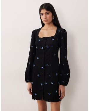 Nobody's Child Memphis Cord Floral Embroidered Button Front Scallop Edge Mini Dress - Black