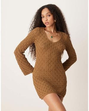 Aware Crochet Knit Mini Dress With Wide Sleeves - Brown