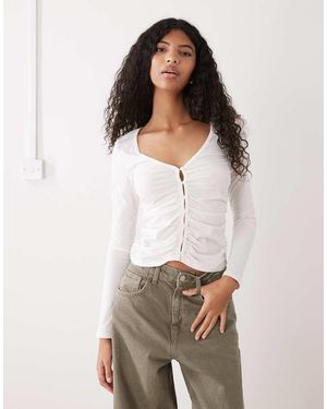 Monki Ruched Button Open Jersey Top - White