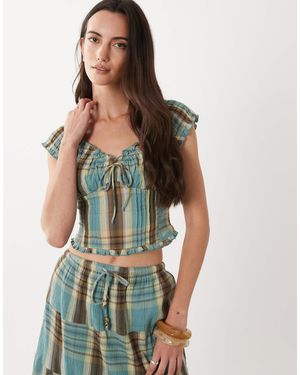 Cotton On – greta – rüschenbluse mit sonnigem karomuster, kombiteil - Blau