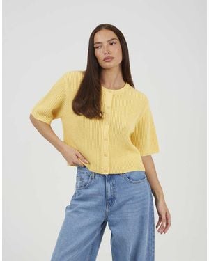 Brave Soul Short Sleeve Crew Neck Fisherman Knit Cardigan - Yellow