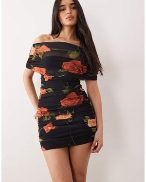 ASOS Draped Shoulder Mesh Mini Dress With Ruching - Black