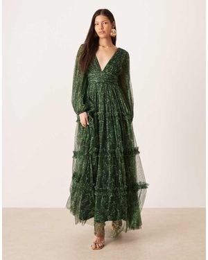 LACE & BEADS Deep V-neck Sheer Bell Sleeve Maxi Dress - Green