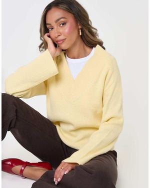 Threadbare Deep Rib V-Neck Jumper - Natural