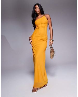 ASOS Asymmetric Double Strap With Trim Detail With Ruching Mesh Maxi Dress - Blue