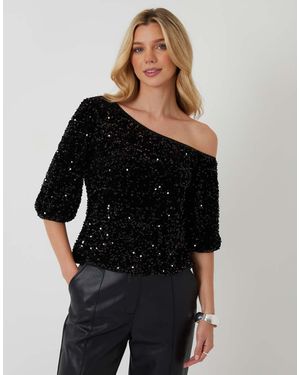 Threadbare Sequin Velour Slash Neck Top - Black