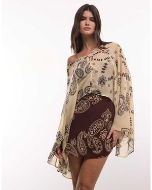 ASOS Minivestido Con Escote Pronunciado Y Manga Murciélago Con Estampado De Pañuelo-Multi - Marrón