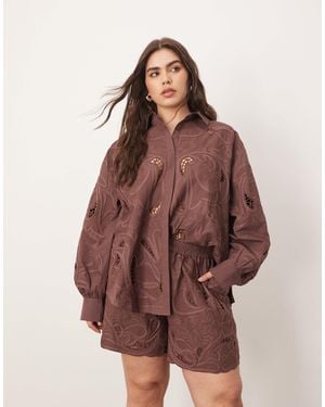 ARRANGE Curve Cotton Mirrored Floral Embroidered Cutwork Shirt - Brown