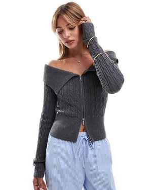 Bershka Bardot Zip Front Cable Knit Jumper - Blue