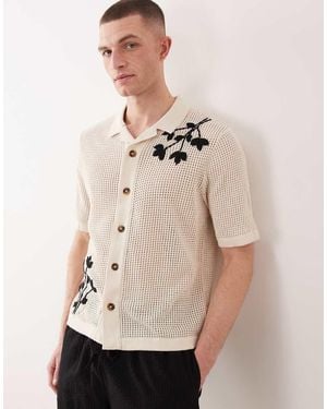 Only & Sons Open Knit Crochet Shirt With Floral Embroidery - Natural