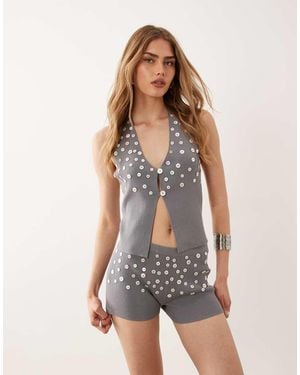 Mango Button Embellished Knitted Shorts Co-ord - Blue