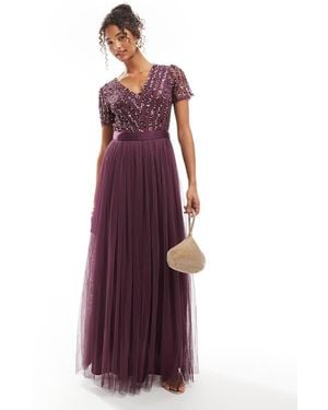 Maya Belted Stripe Embellished Bridesmaid Maxi Dress - Purple
