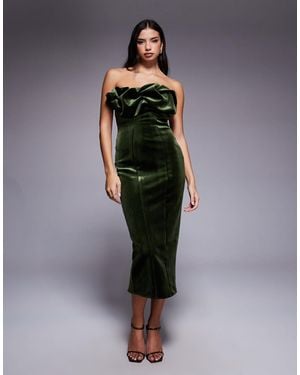 ASOS Bonded Velvet Bandeau Structured Midi Dress With Ruffle Bodice Detail - Green