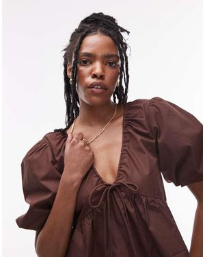 TOPSHOP Poplin Puff Sleeve Top - Brown