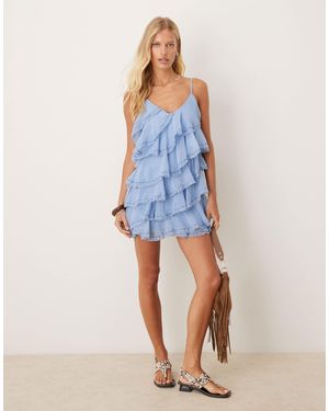 Miss Selfridge Tiered Chiffon Mini Dress With Lace Detail - Blue