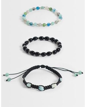 ASOS Pack De 3 Pulseras Negras Con Abalorios Azules Y Chips De Piedra Amazonita Semipreciosa - Blanco