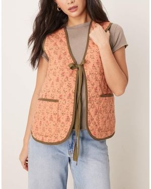 Free People Claudine Quilted Floral Gilet Vest - Blue