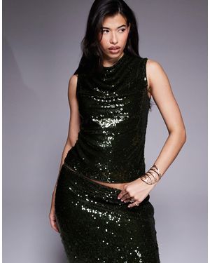ASOS Sheer Sequin Cowl Neck Set Top - Black