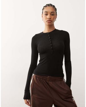 Weekday Long Sleeve Henley T-Shirt - Black