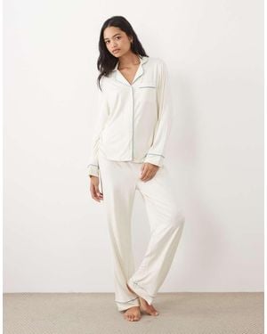 ASOS Viscose Super Soft Long Sleeve Shirt And Trouser Pyjama Set - White