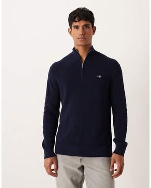 GANT Geribbelde Gebreide Trui Van Merinowol Met Korte Rits - Blauw