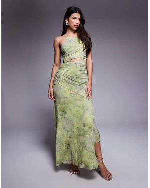 ASOS Mesh Square Halter Maxi Dress With Asymmetric Ruching - Multicolour