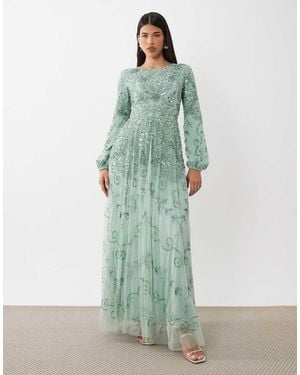 Beauut Maxi Jurk Met Bovenlaag Van Mesh Met Kralen En Pofmouwen - Groen