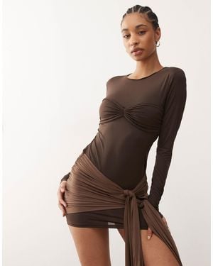 Lioness Midnight Slinky Long Sleeve Contrast Draped Tie Skirt Detailing Mini Dress - Brown