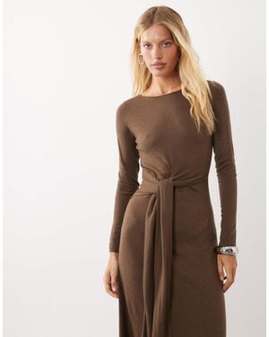 Mango Boat Neck Long Sleeve Midi Dress With Tie Waist - Brown