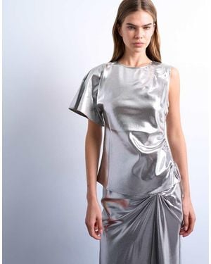 TOPSHOP Liquid Look Metallic Ruched Side Top - Grey
