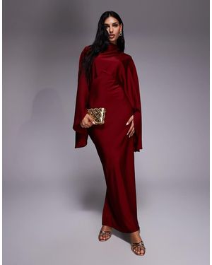 ASOS Vestido Largo Con Cuello Alzado Y Mangas Extragrandes De Satén De -Rojo