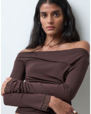Miss Selfridge Long Sleeve Twist Top With Lace Trim - Brown