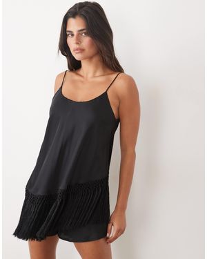 ASOS Combishort en satin à fines bretelles avec franges - Noir
