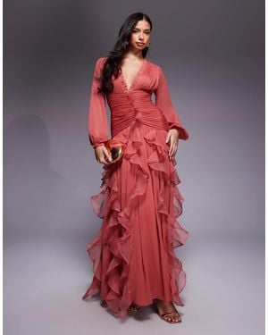 ASOS Ruched Long Sleeve Maxi Dress With Waterfall Detail - Red