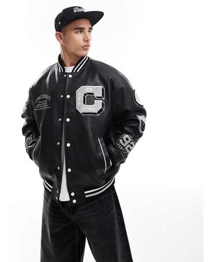 Bershka Faux Leather Varsity Jacket - Black